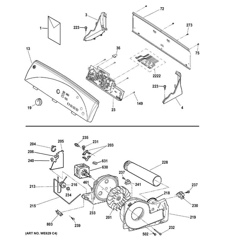 Backsplash, Blower & Drive Assembly Diagram and Parts List for GTDS560GF1WS  General Electric Dryer