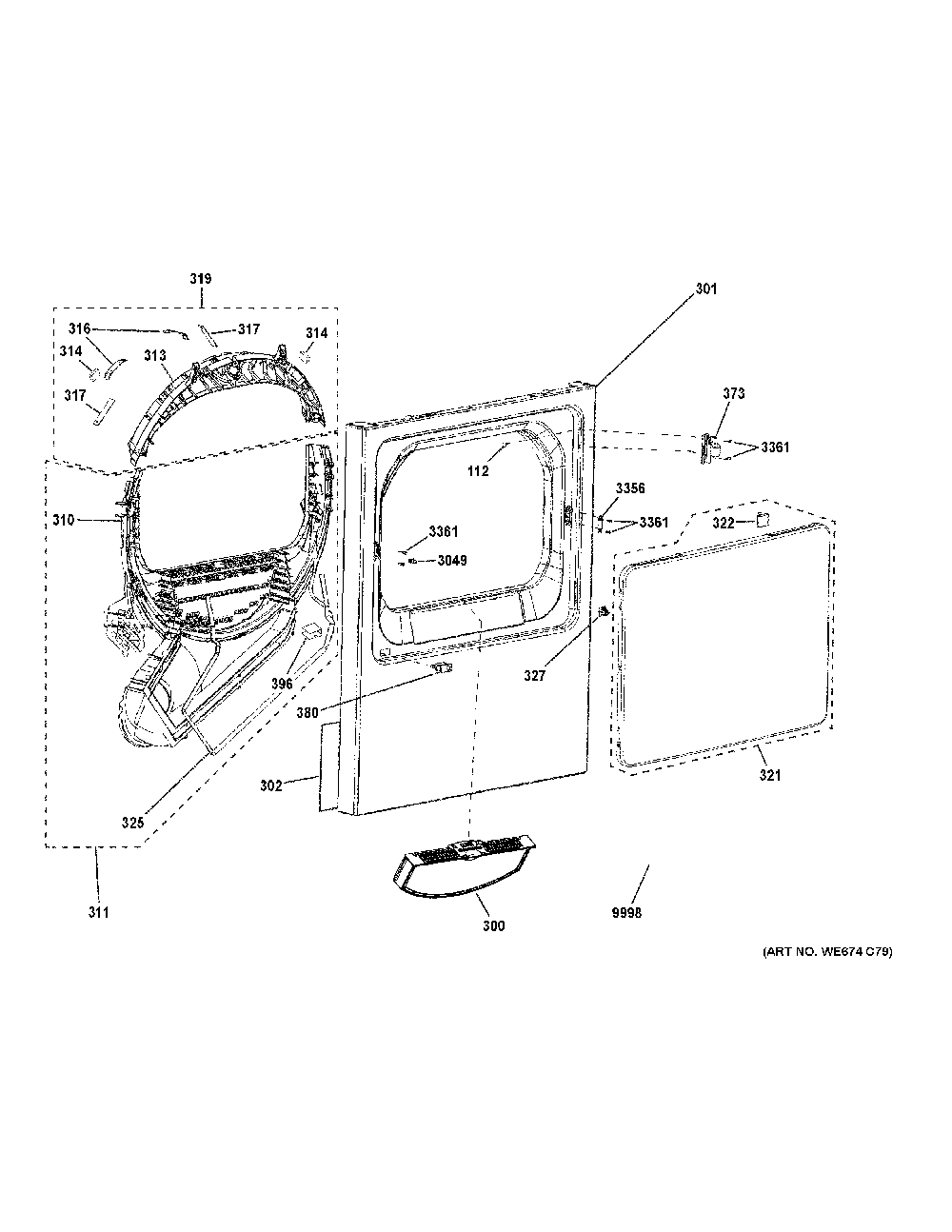 Front Panel And Door Diagram and Parts List for VTD52EASR0WB  General Electric Dryer
