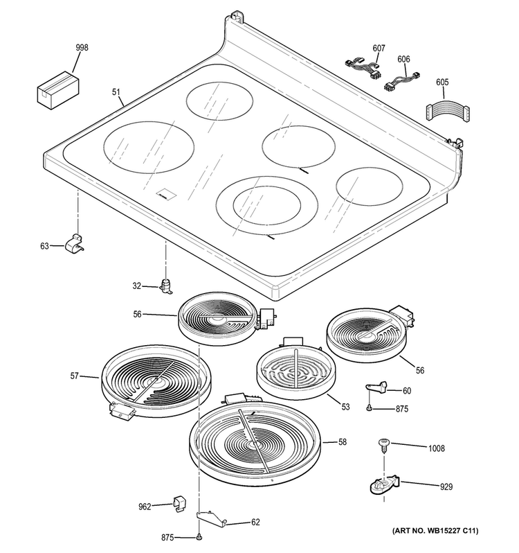 Cooktop Diagram and Parts List for JBS65RF1SS  General Electric Range