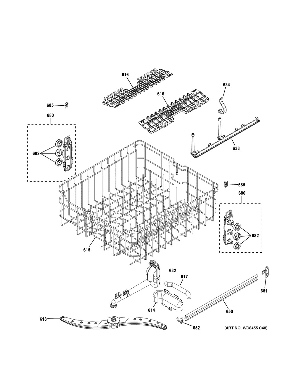 Upper Rack Assembly Diagram and Parts List for GDT605PGM0BB  General Electric Dishwasher