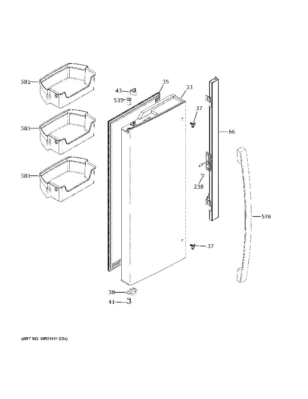 Fresh Food Door - Lh Diagram and Parts List for GNE27EYMWFFS  General Electric Refrigerator