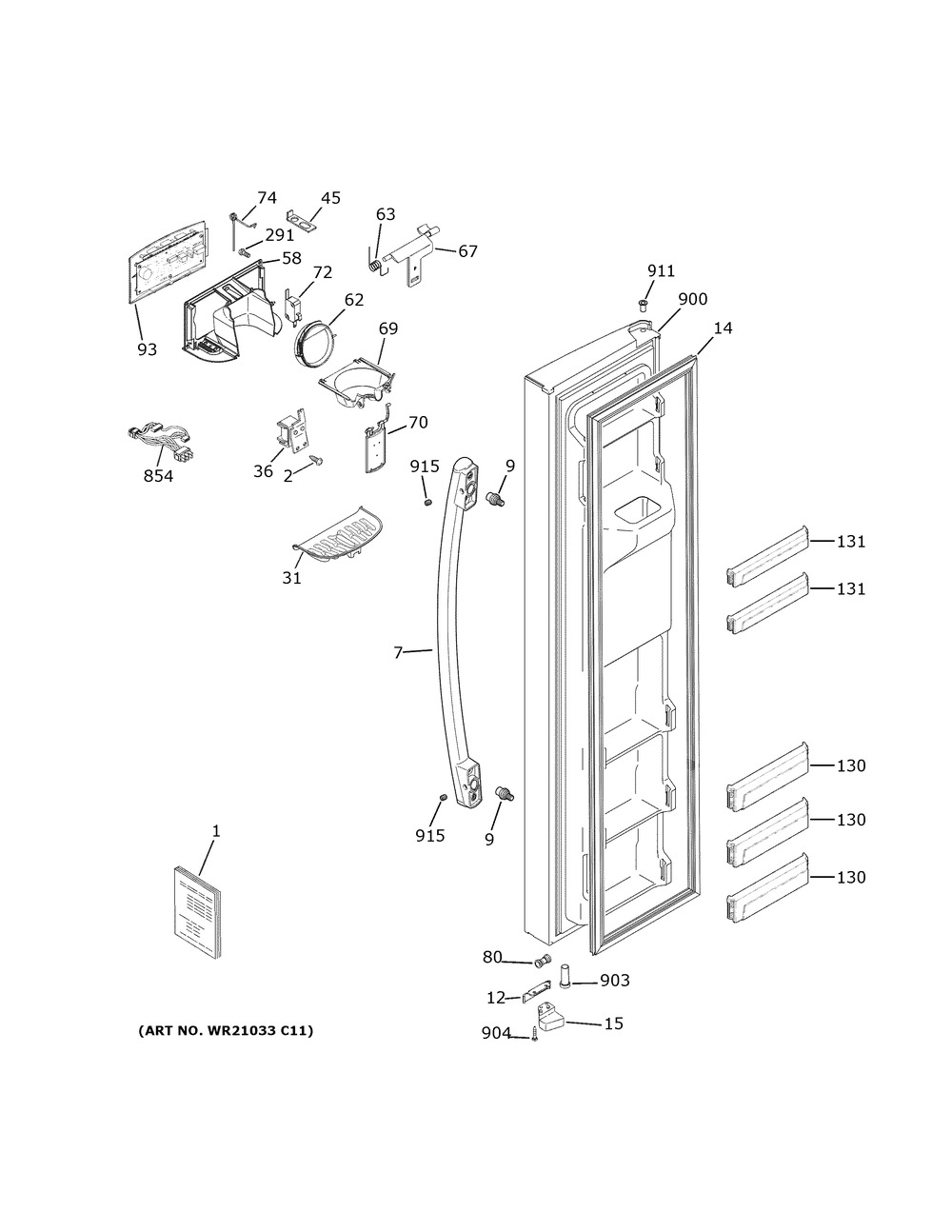 Freezer Door Diagram and Parts List for GZS22IYNRHFS  General Electric Refrigerator