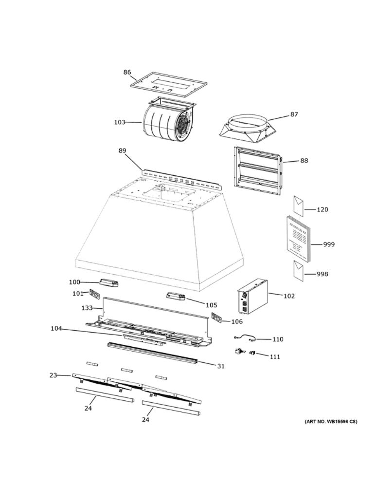 Range Hood Diagram and Parts List for ZVW1360SP1SS  General Electric Range Hood