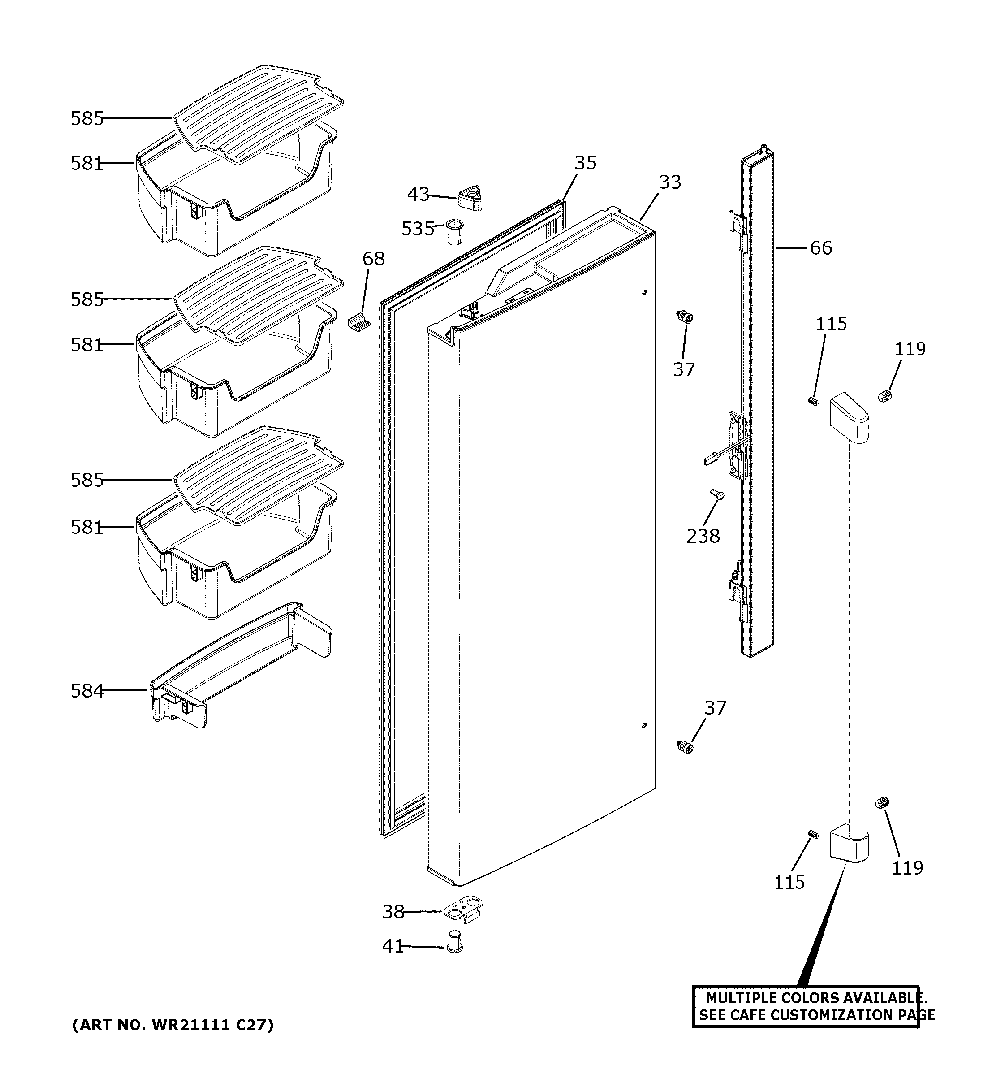 Fresh Food Door - Lh Diagram and Parts List for CWE19SP2NLS1  General Electric Refrigerator