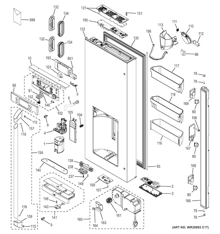 Dispenser Door Diagram and Parts List for CFE28USHESS  General Electric Refrigerator