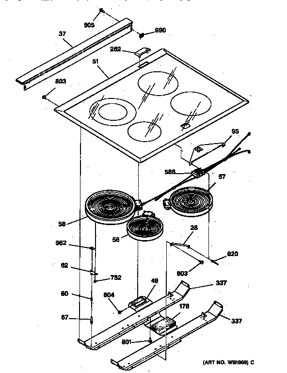 Cooktop Diagram and Parts List for JSP39WV2WW  General Electric Range