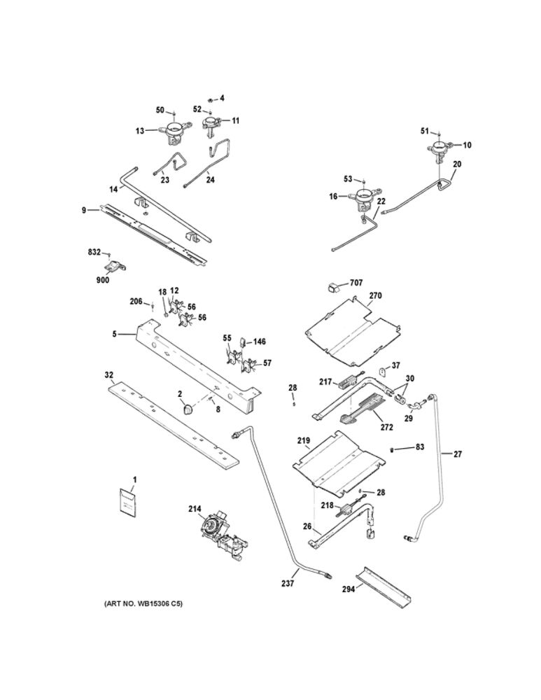 Gas And Burner Parts Diagram and Parts List for JGB645SEK2SS  General Electric Range