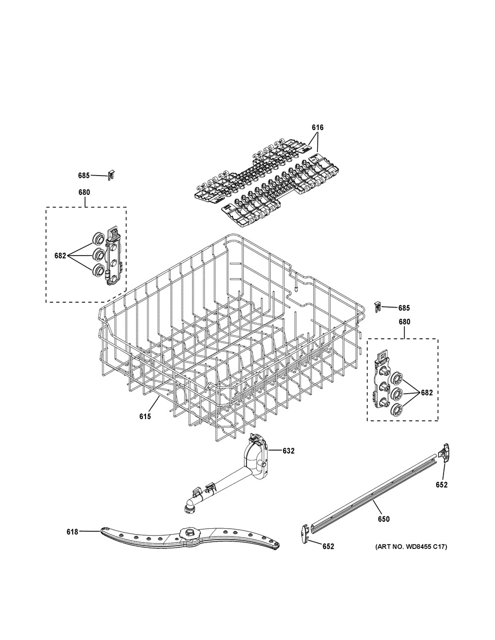 Upper Rack Assembly Diagram and Parts List for GDF570SGJ4CC  General Electric Dishwasher