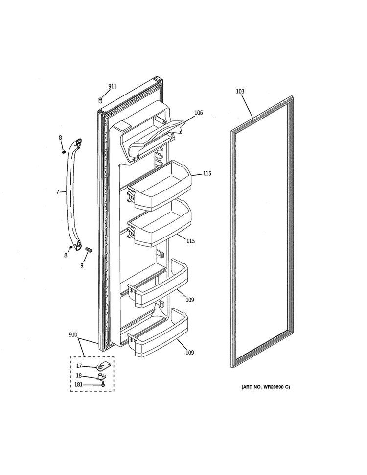 Fresh Food Door Diagram and Parts List for GSH25JGDDCC  General Electric Refrigerator