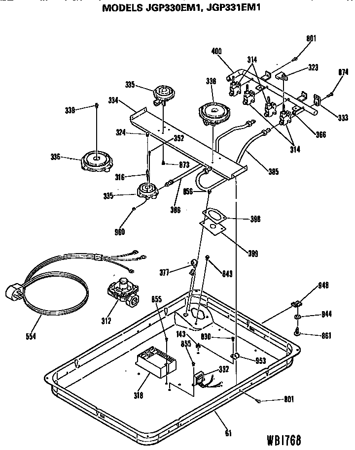 Burner Assembly Diagram and Parts List for JGP330EM1  General Electric Cooktop
