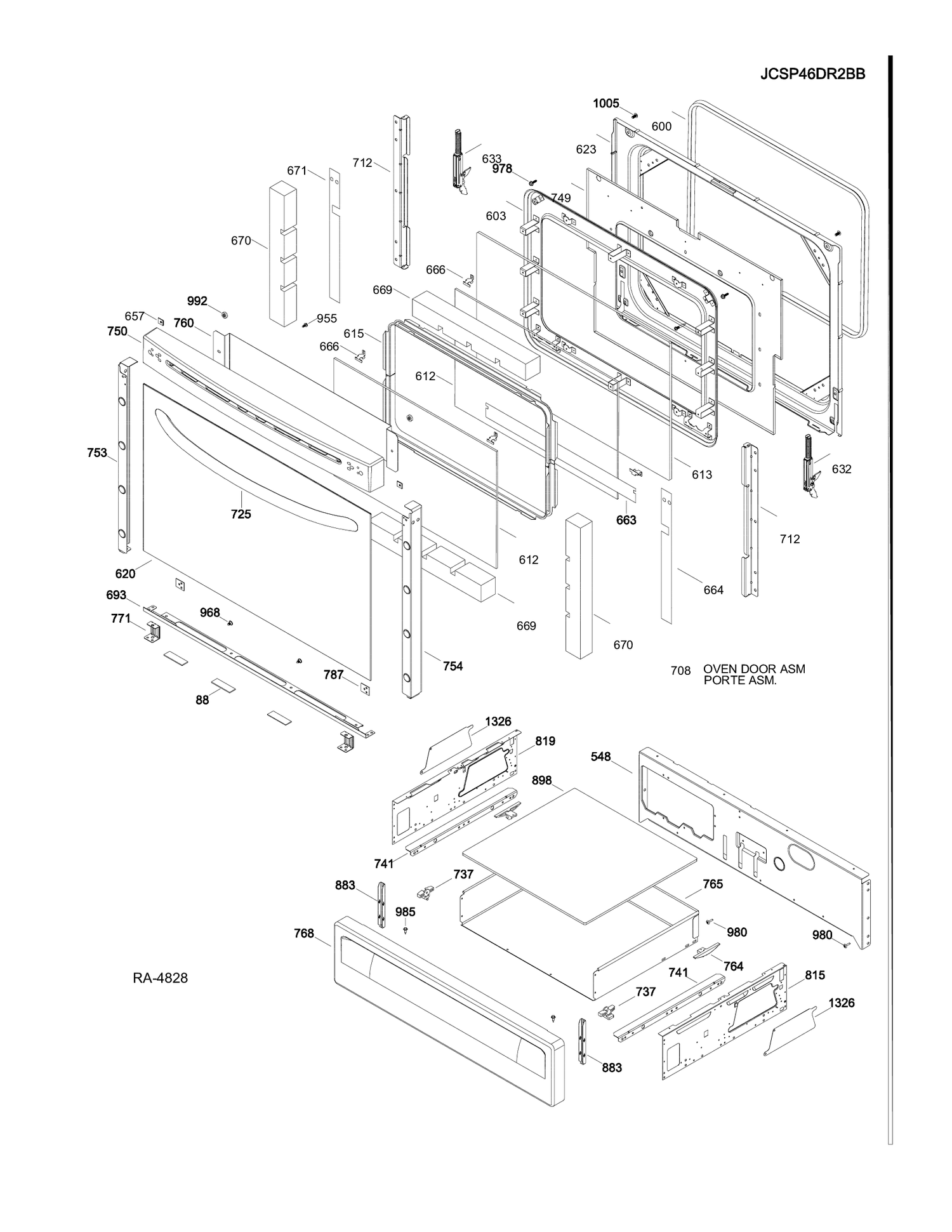 DOOR & DRAWER PARTS Diagram and Parts List for JCSP46DR2WW  General Electric Range