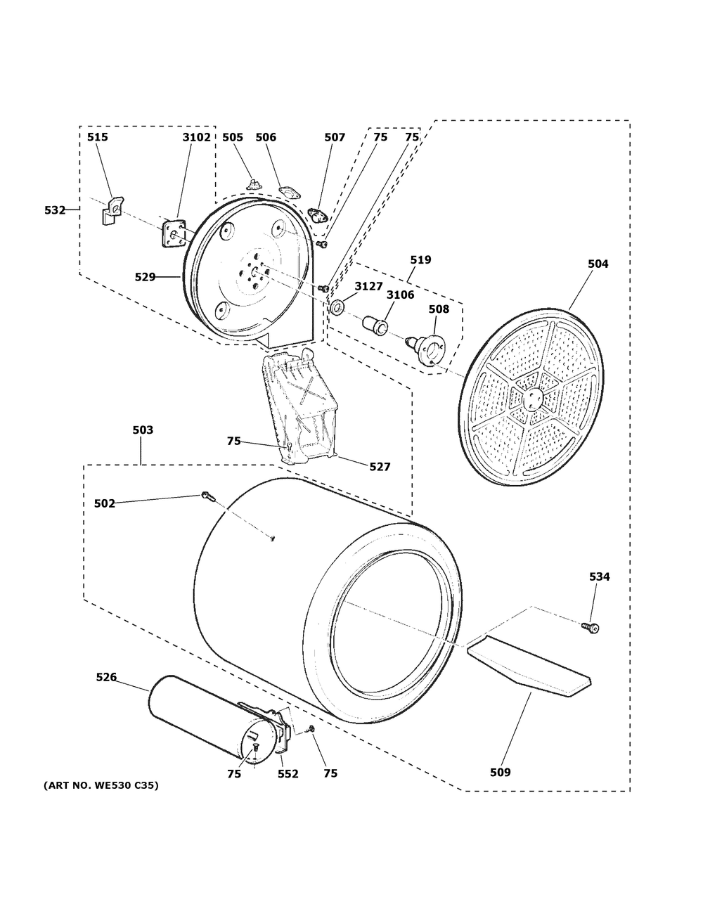 Drum Diagram and Parts List for GTD84GCPN2DG  General Electric Dryer