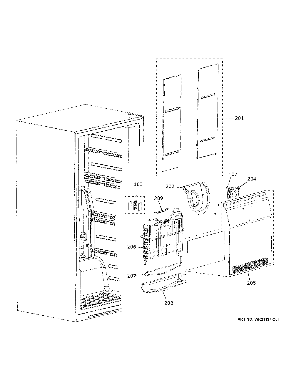 Freezer Section Diagram and Parts List for FUF14QRRBWW  General Electric Freezer