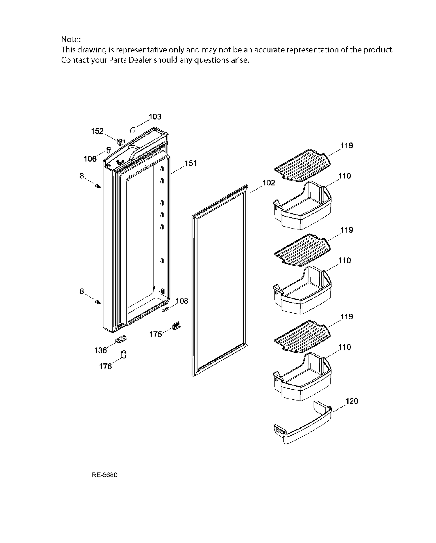 FF DOOR RIGHT Diagram and Parts List for CFE24SSKAKSS  General Electric Refrigerator