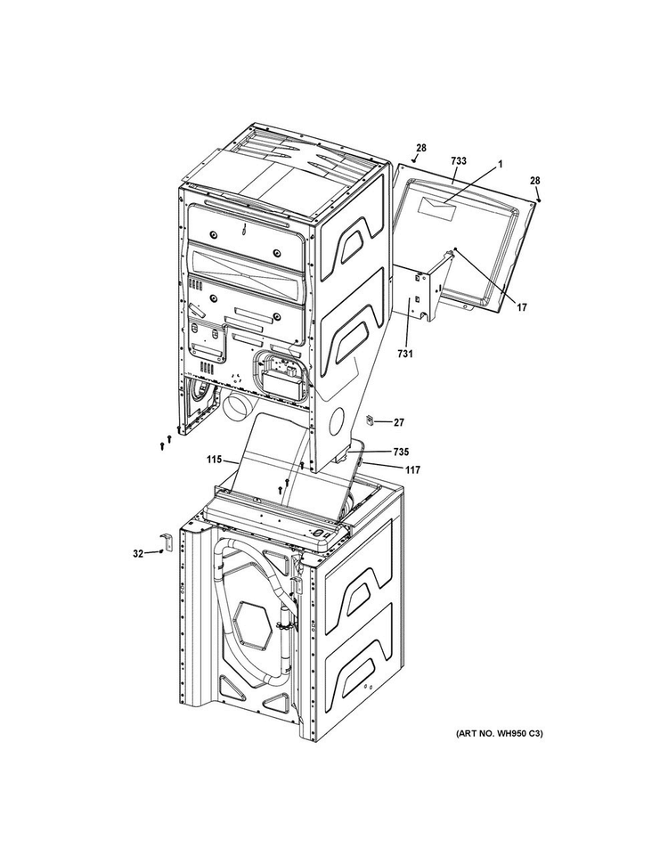 Cabinet Diagram and Parts List for GUD24GSSJ0WW  General Electric Washer Dryer Combo