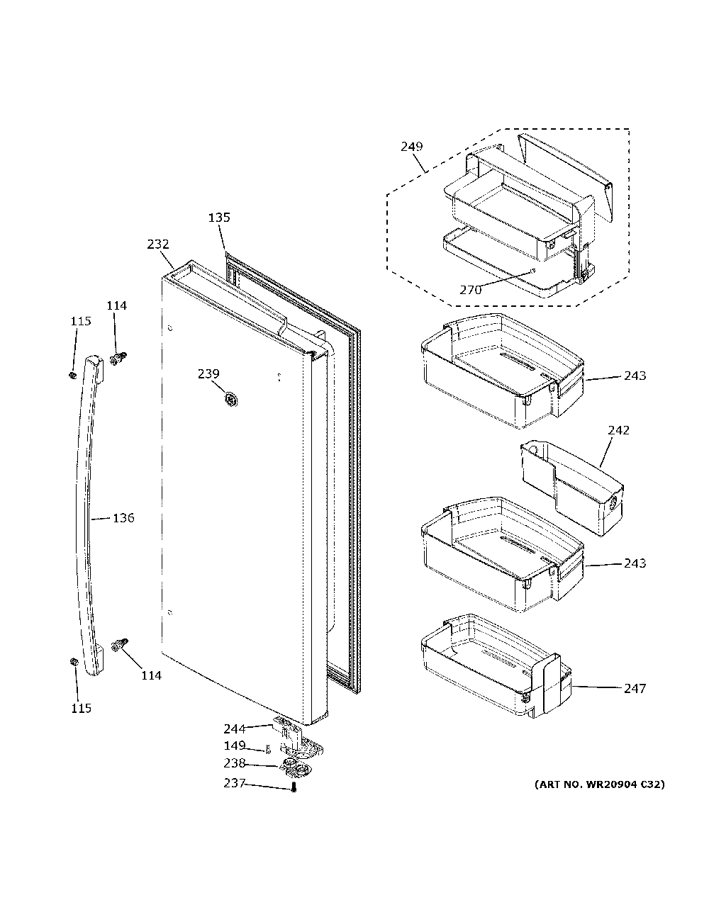 Fresh Food Door - Rh Diagram and Parts List for PWE23KYNEFS  General Electric Refrigerator