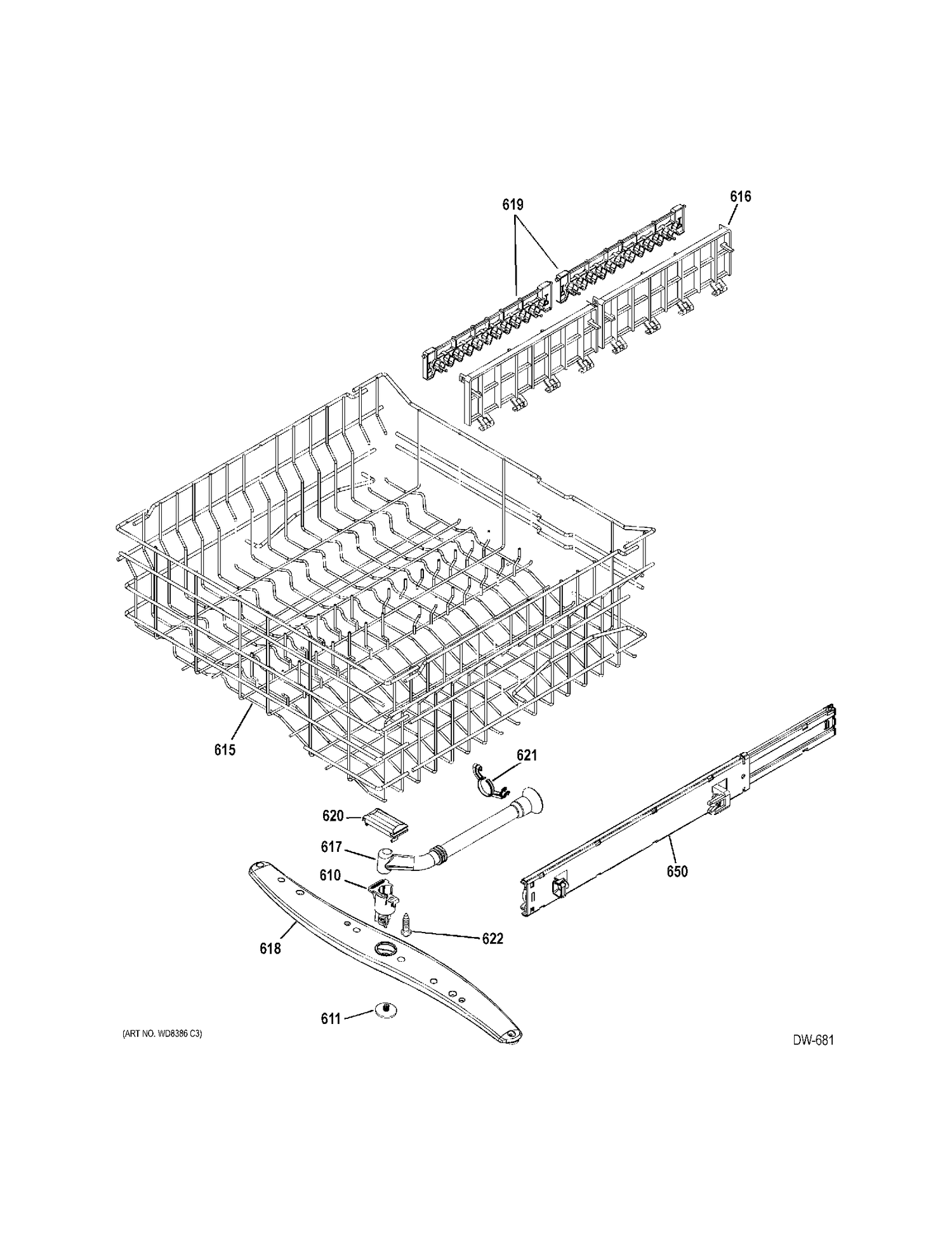 UPPER RACK Diagram and Parts List for GDWF100V70WW  General Electric Dishwasher