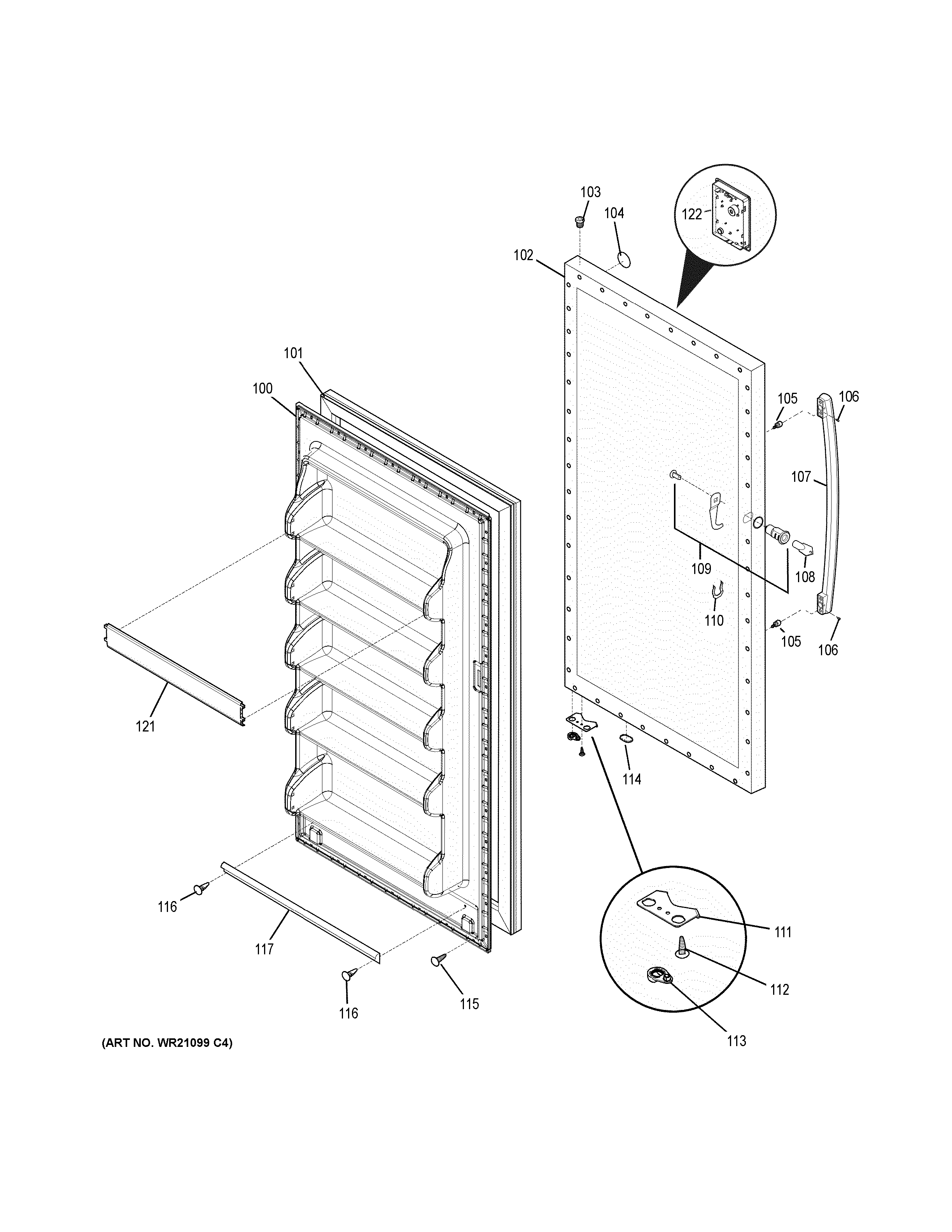 Door Diagram and Parts List for FUF17DHBRWW  General Electric Freezer