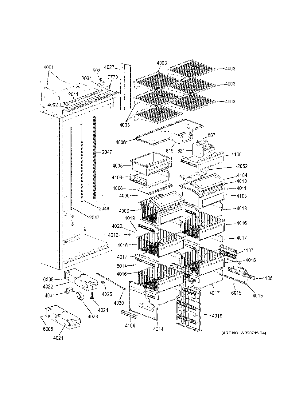 Shelves And Drawers Diagram and Parts List for ZIFS360NPBRH  General Electric Freezer