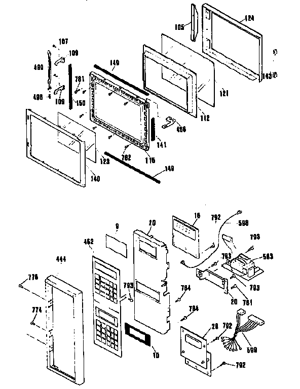 Microwave Door And Control Panel Diagram and Parts List for JKP65WP1  General Electric Microwave Oven Combo
