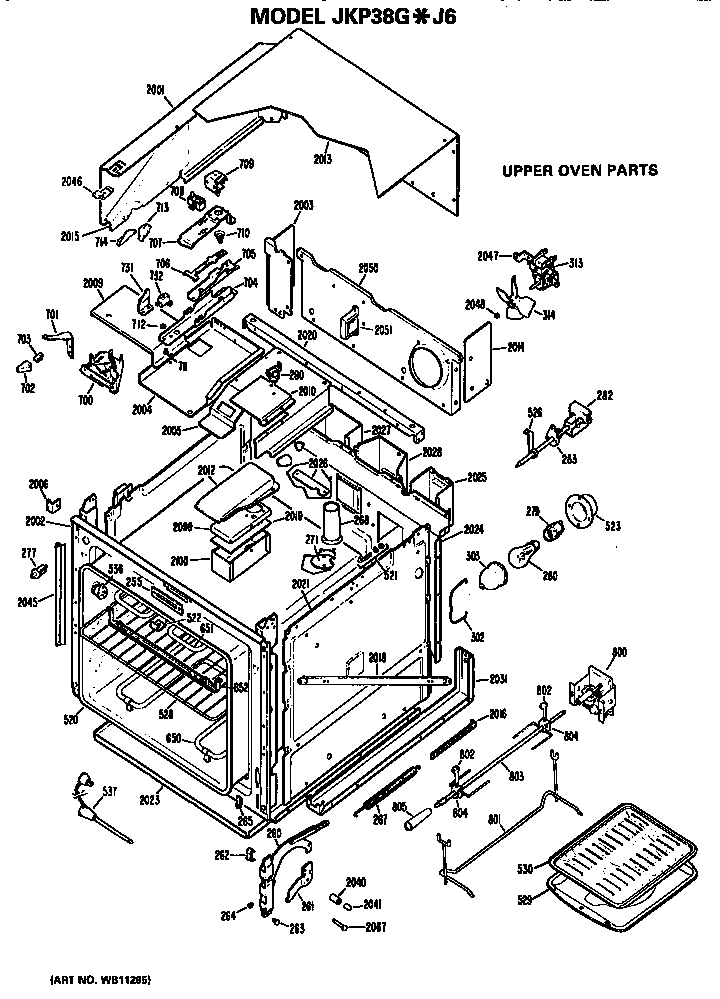 Upper Oven Diagram and Parts List for JKP38GJ6  General Electric Wall Oven