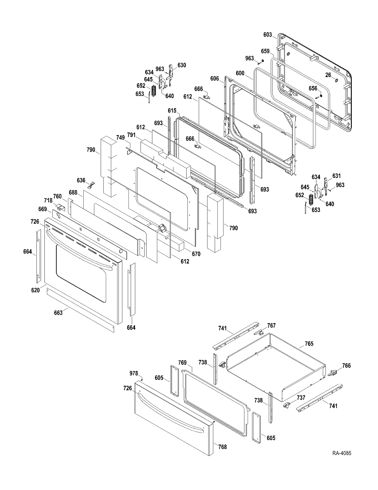 DOOR-DRAWER Diagram and Parts List for JCB710SP3SS  General Electric Range
