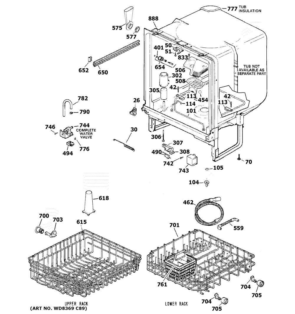 Body Parts Diagram and Parts List for HDA3600K70WW  General Electric Dishwasher