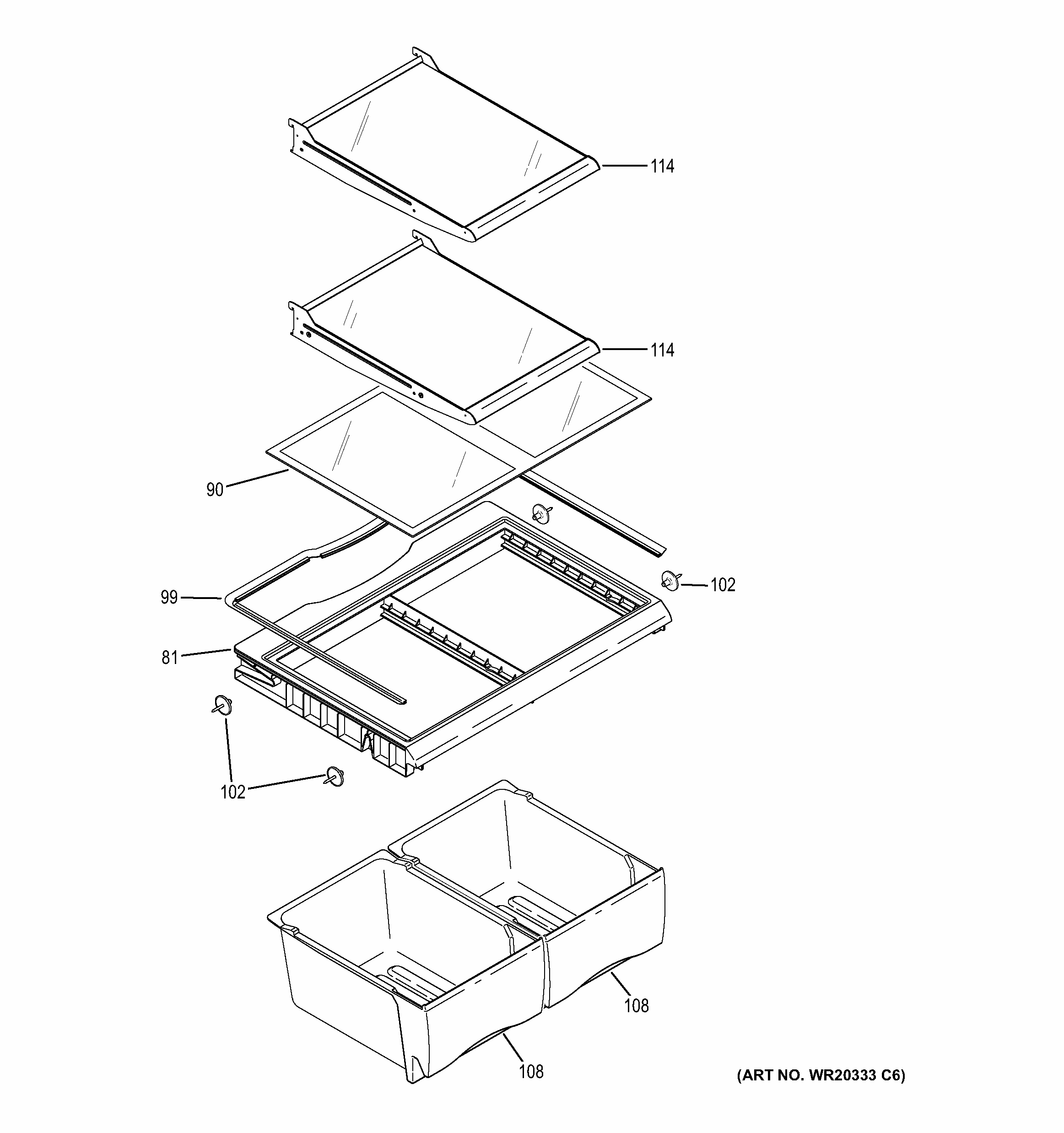 Fresh Food Shelves Diagram and Parts List for GBS20ESHBRSS  General Electric Refrigerator