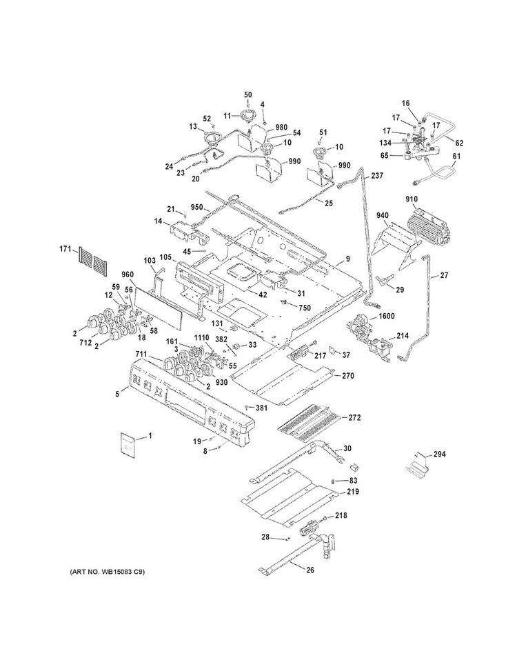 Gas & Burner Parts Diagram and Parts List for CGS985SET9SS  General Electric Range
