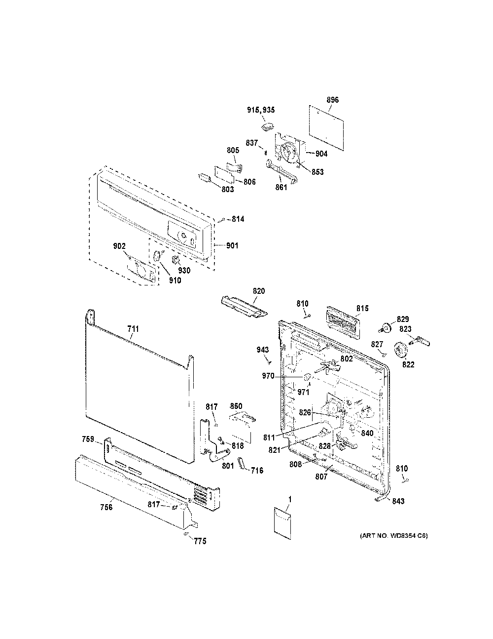 Escutcheon & door assembly Diagram and Parts List for GSD2100V65BB  General Electric Dishwasher