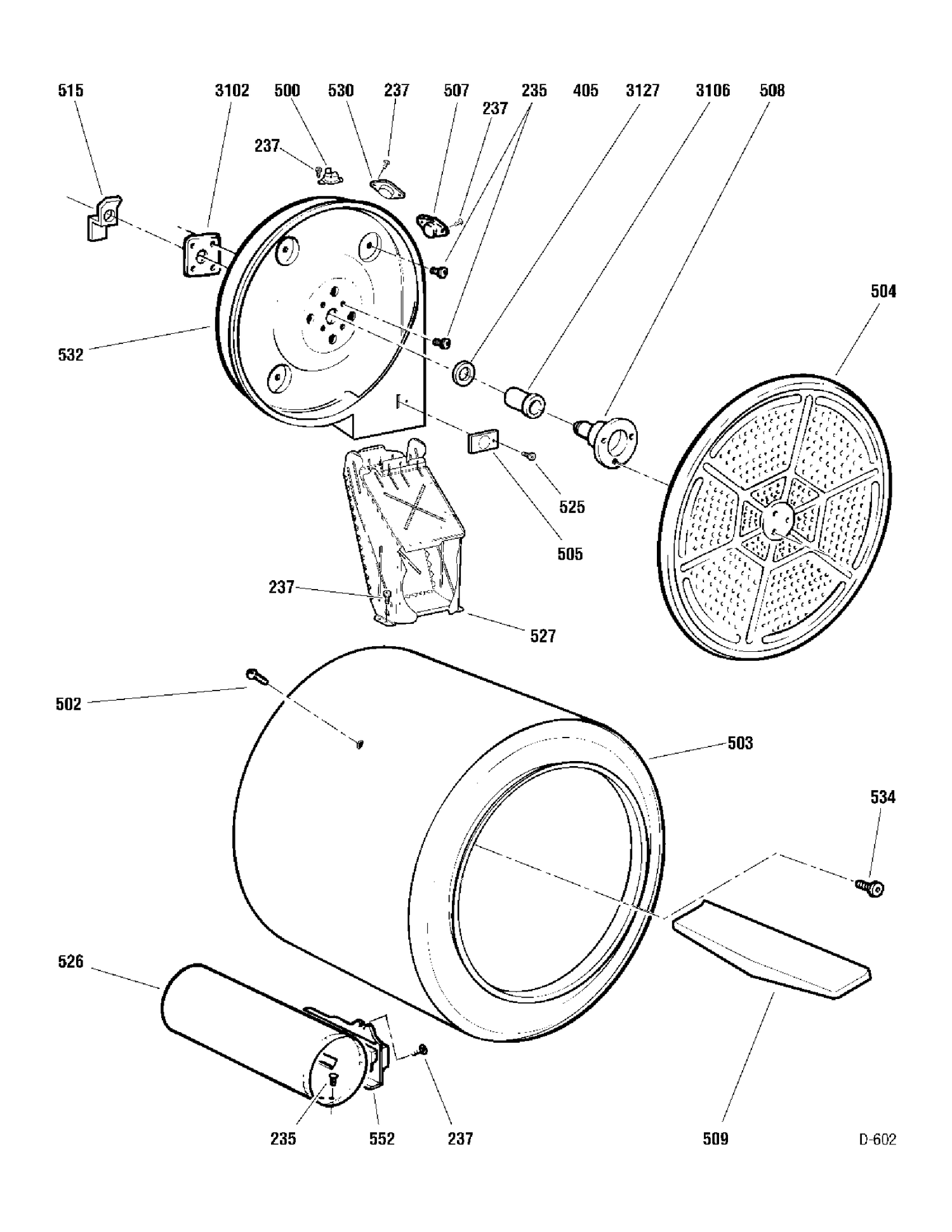 DRUM & HEATER Diagram and Parts List for GNSR465GBAWW  General Electric Dryer