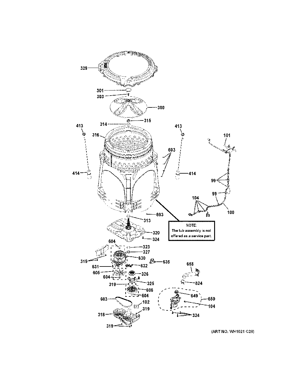 Tub And Motor Diagram and Parts List for PTW600BPR0DG  General Electric Washer