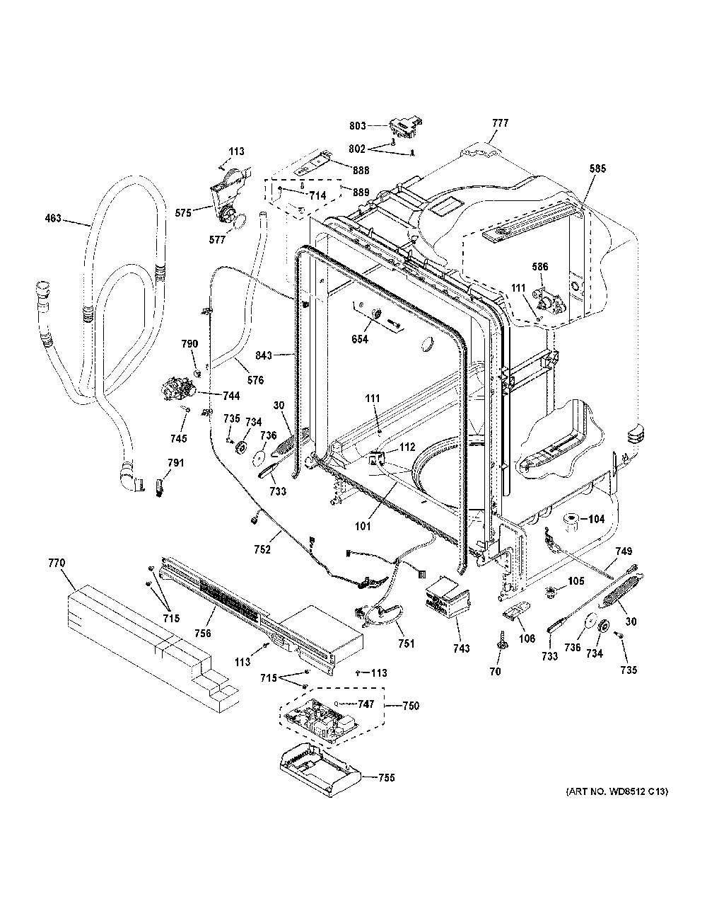 Body Parts Diagram and Parts List for GDT535PGR3WW  General Electric Dishwasher