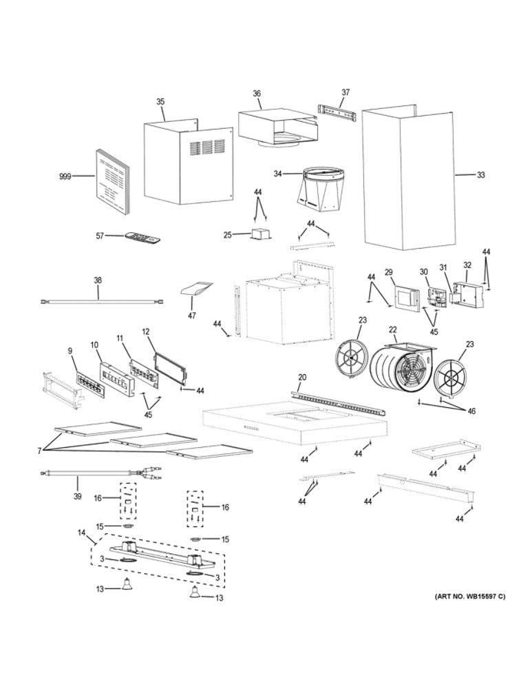 Range Hood Diagram and Parts List for UVW8361SL2SS  General Electric Range Hood