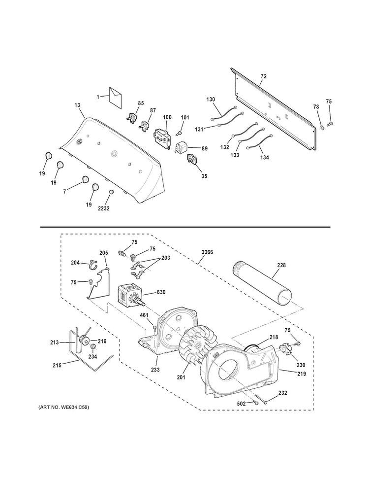 Backsplash, Blower & Motor Assembly Diagram and Parts List for GTX42EASJ2WW  General Electric Dryer