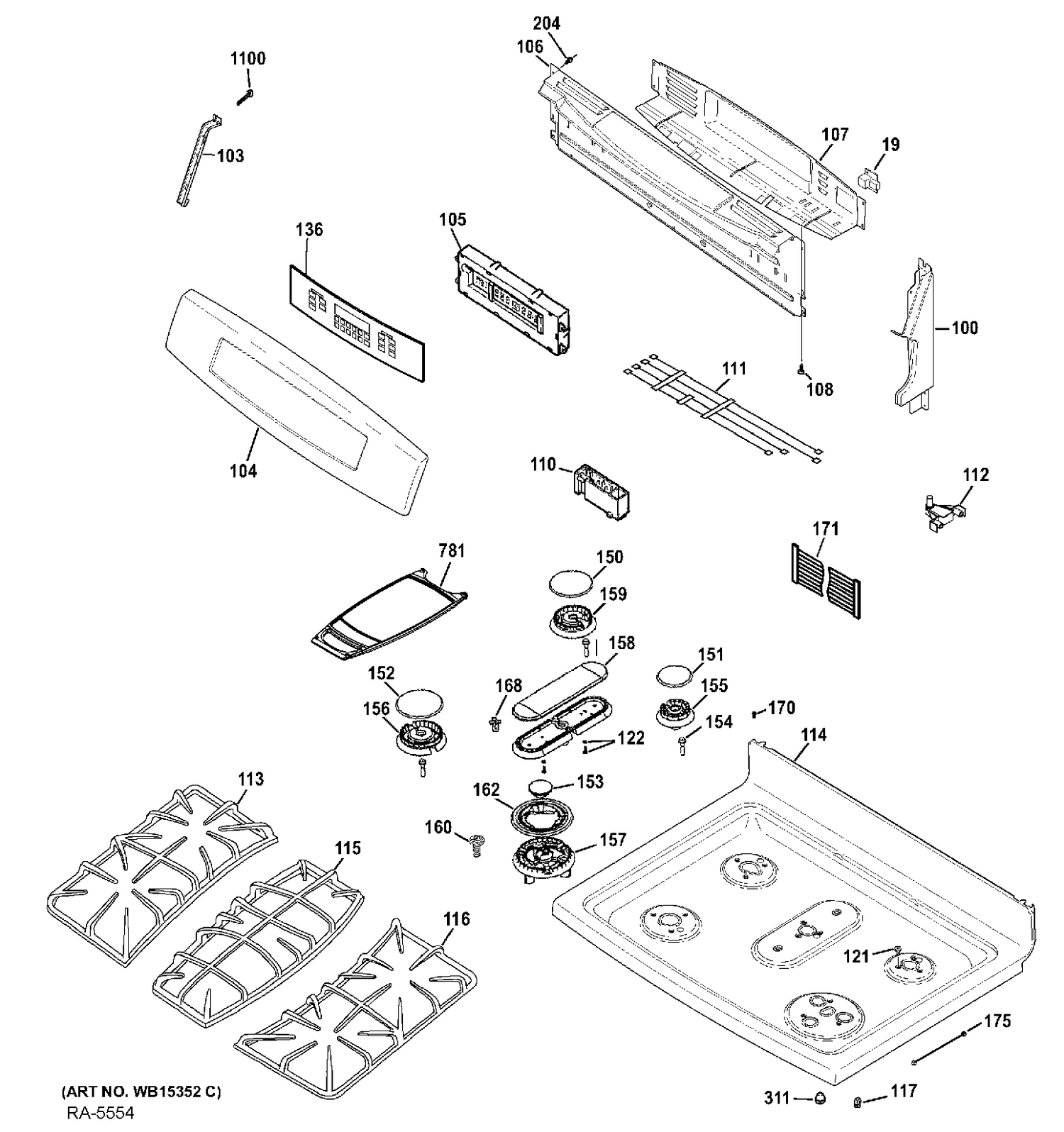 CONTROL PANEL & COOKTOP Diagram and Parts List for PCGB940SEF1SS  General Electric Range
