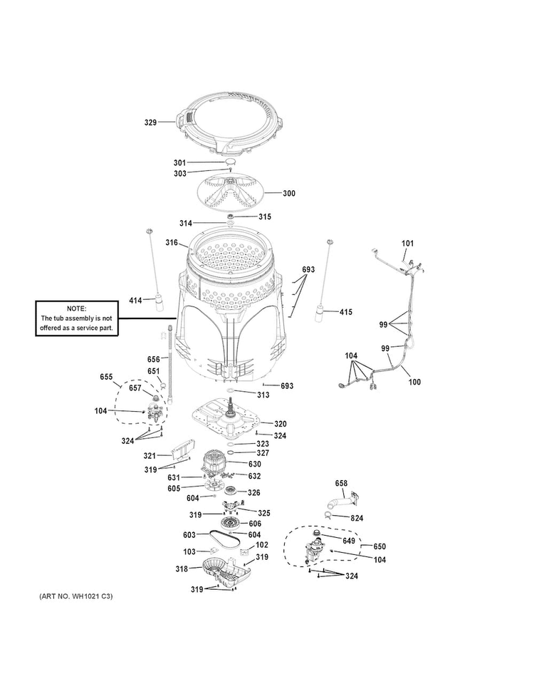 Tub & Motor Diagram and Parts List for GTW750CPL0DG  General Electric Washer