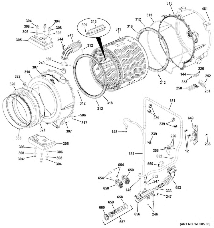Tub & Motor Diagram and Parts List for GFWR4805F0MC  General Electric Washer