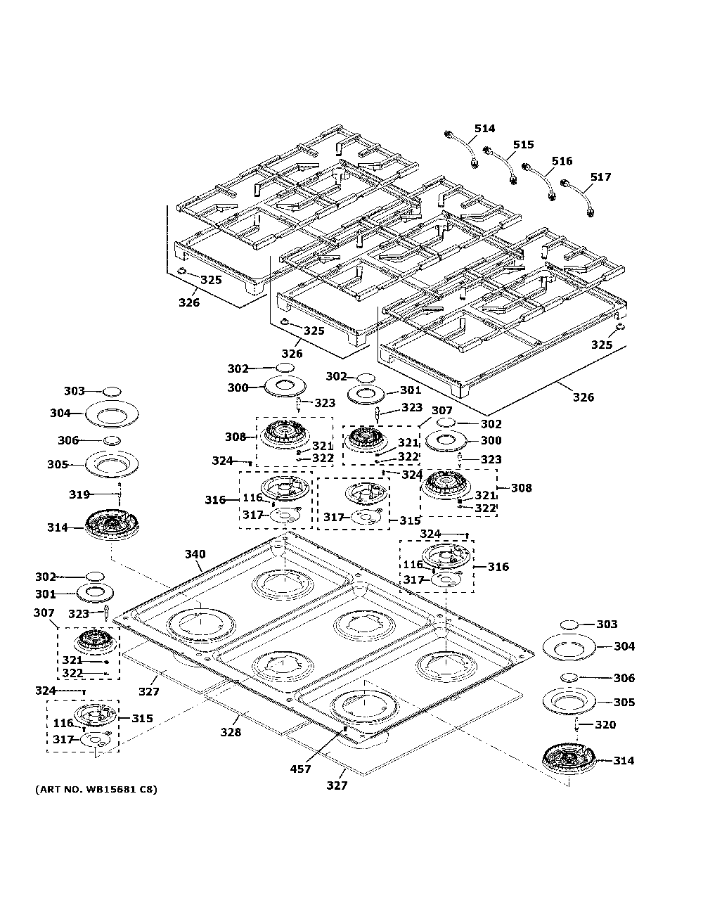 Cooktop Diagram and Parts List for ZDP486NDT1SS  General Electric Range