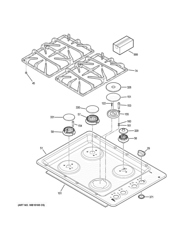 Control Panel & Cooktop Diagram and Parts List for PGP943DET5BB  General Electric Cooktop