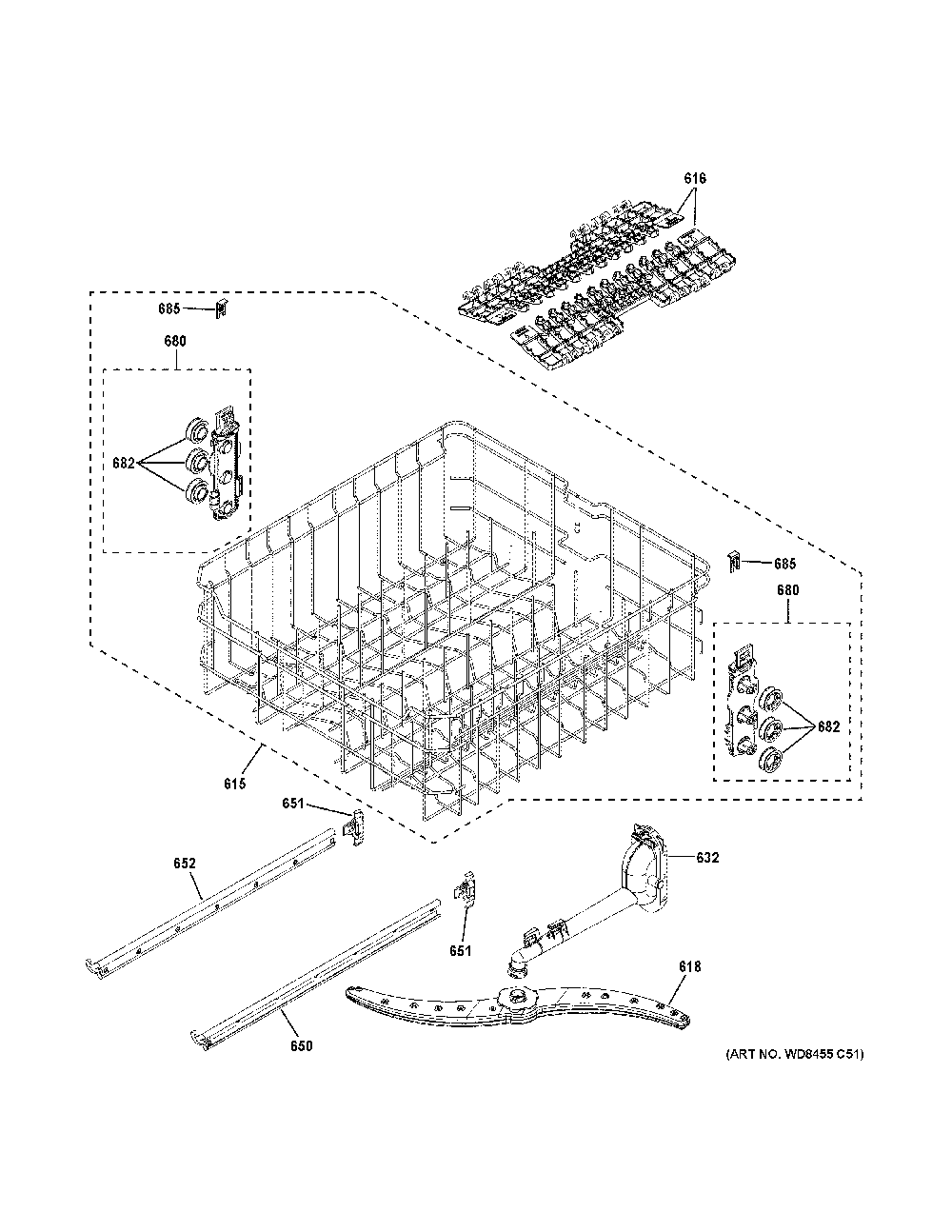 Upper rack assembly Diagram and Parts List for GDF530PGM3WW  General Electric Dishwasher