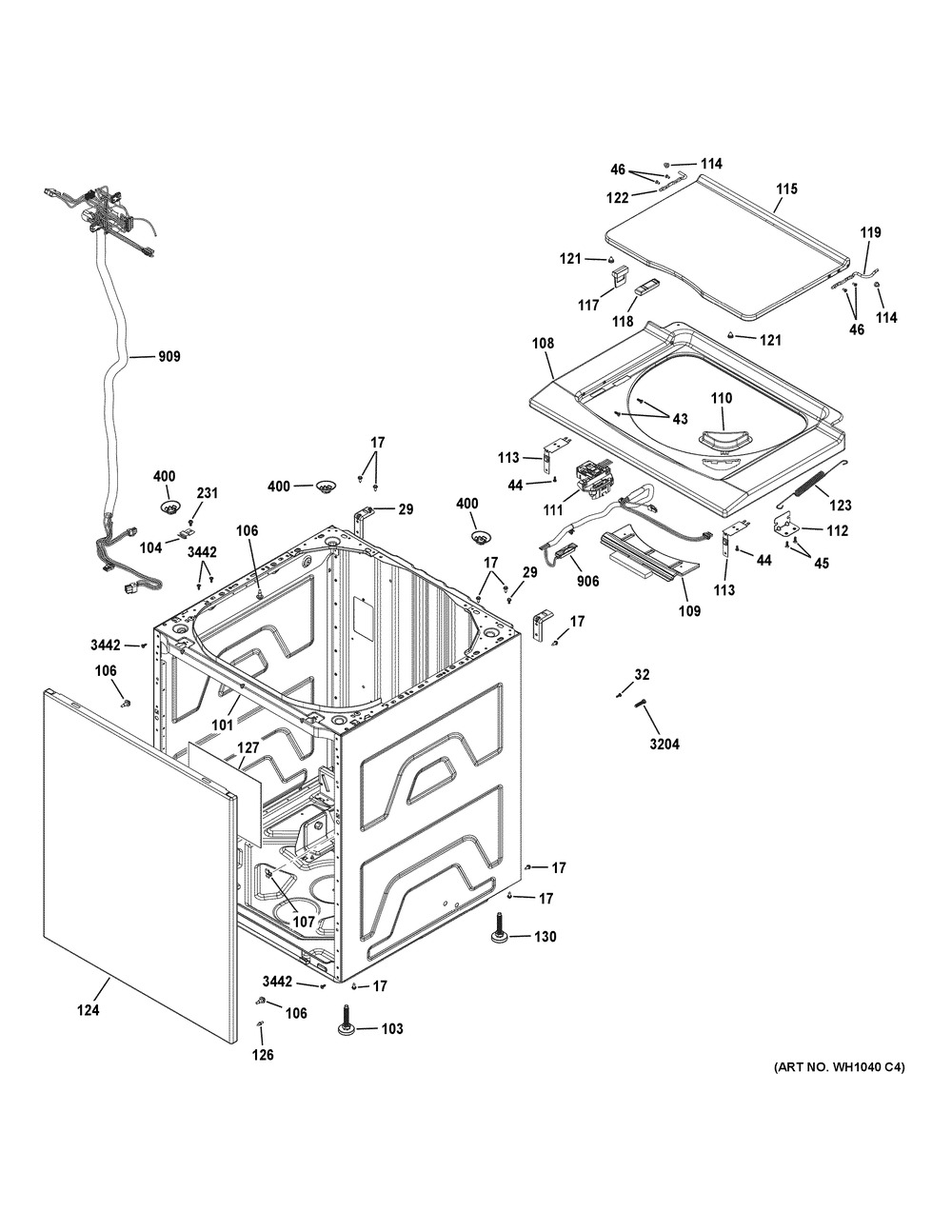 Washer Cabinet & Lid Diagram and Parts List for XUD27GSSM1WW  General Electric Washer Dryer Combo