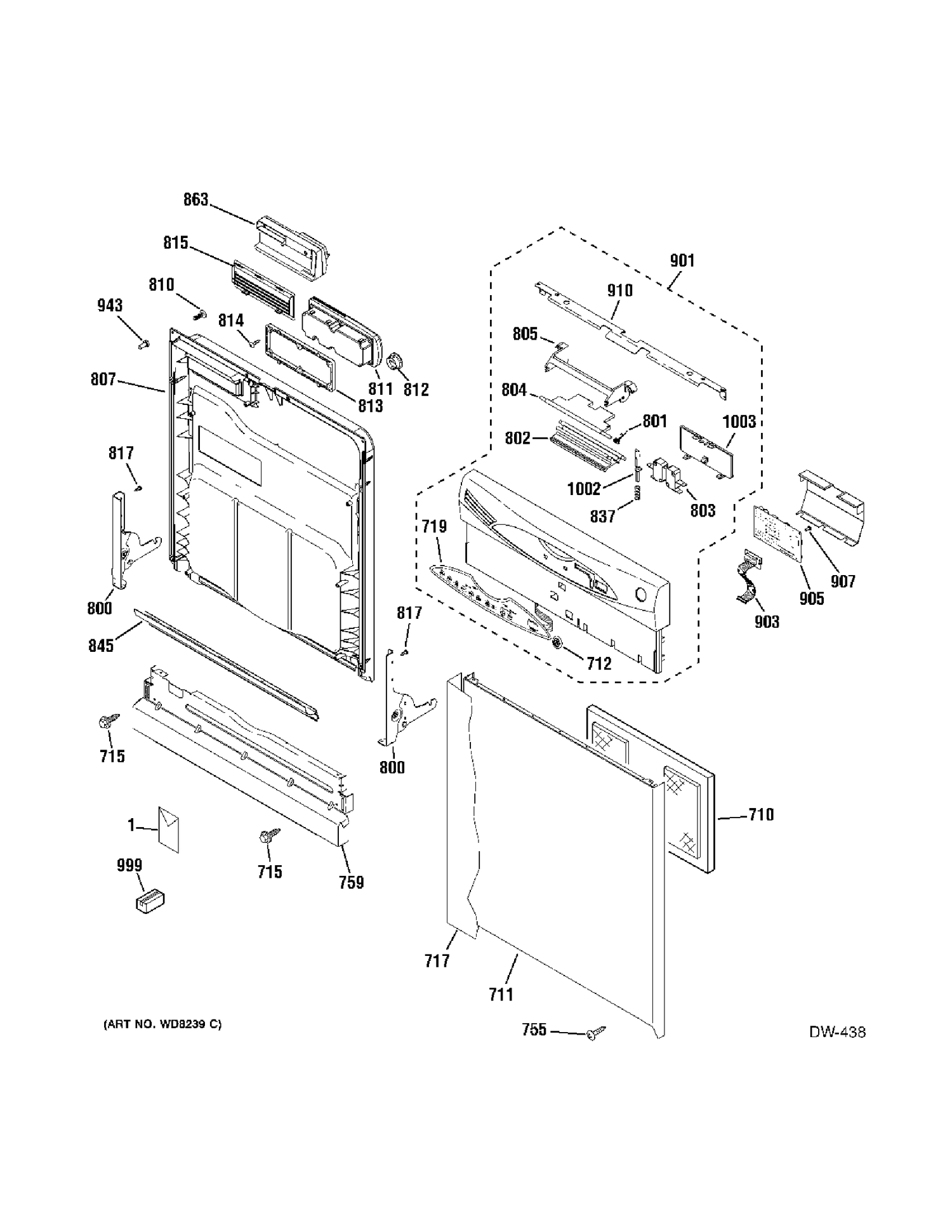 DOOR Diagram and Parts List for 4071100  General Electric Dishwasher