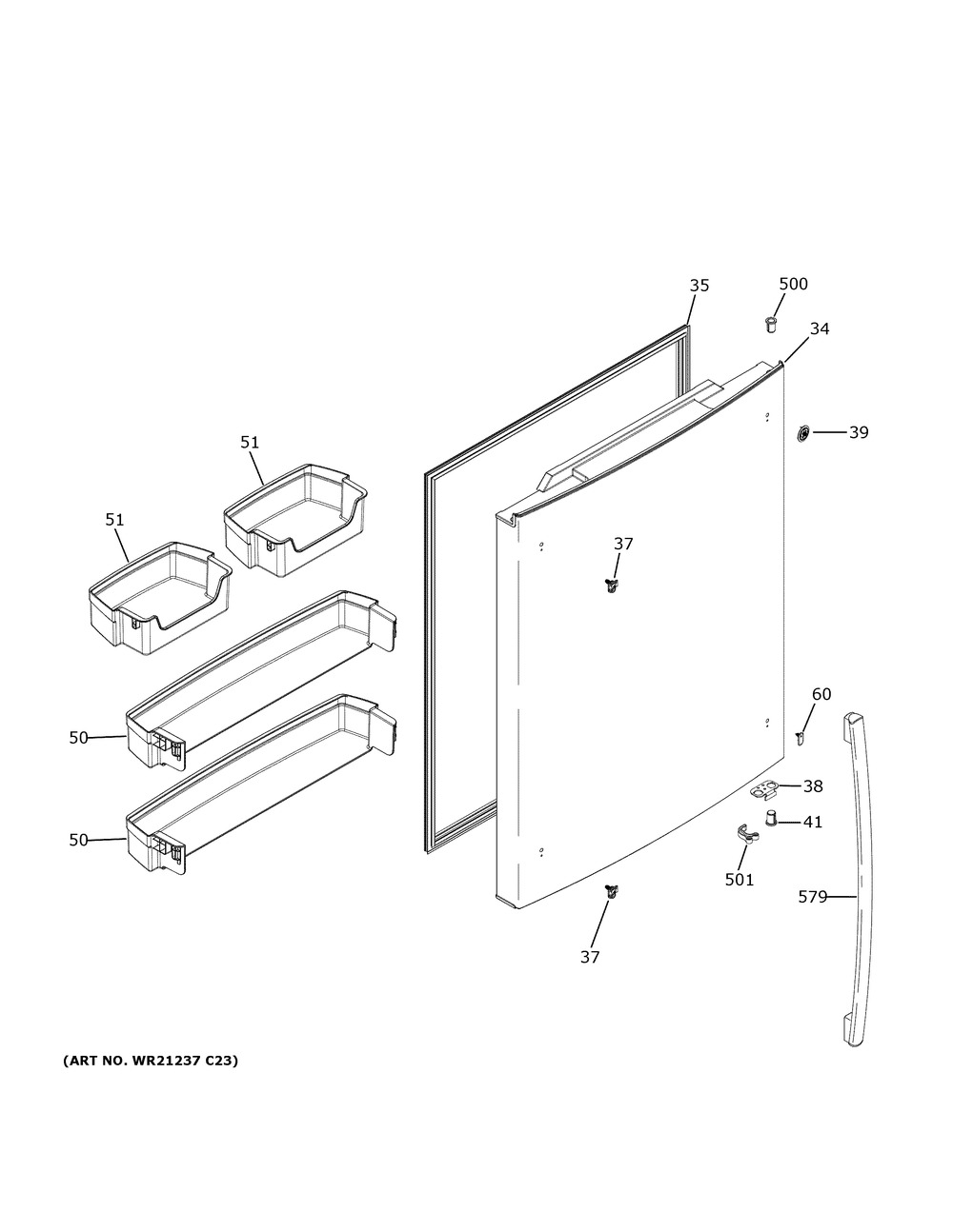 Fresh Food Door Diagram and Parts List for GDE21EGKWRWW  General Electric Refrigerator
