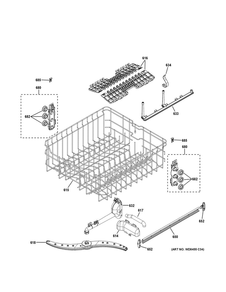 Upper Rack Assembly Diagram and Parts List for GDF610PGJ0WW  General Electric Dishwasher