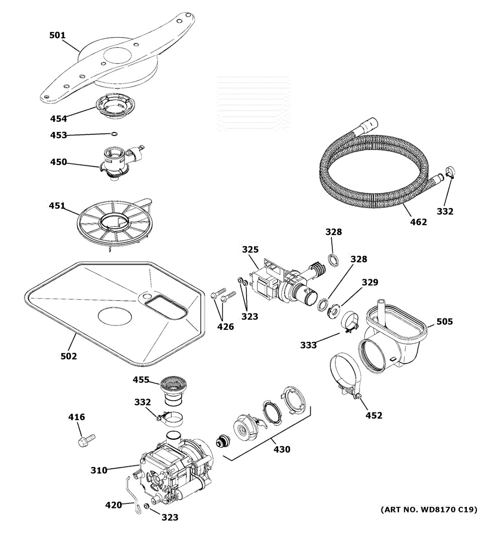Motor-pump Mechanism Diagram and Parts List for GLD4968T05SS  General Electric Dishwasher