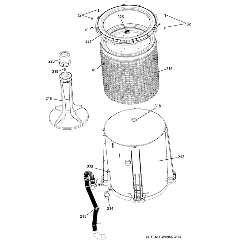 Tub, Basket & Agitator Diagram and Parts List for GTUP240EM4WW  General Electric Washer Dryer Combo