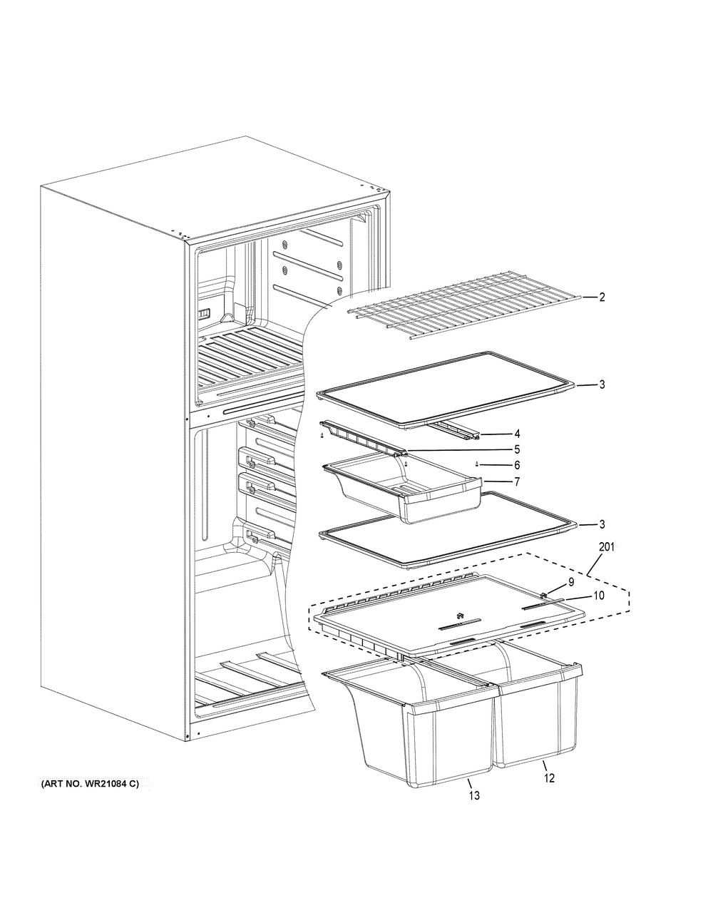 Shelves & Drawers Diagram and Parts List for GIE21GSHDSS  General Electric Refrigerator