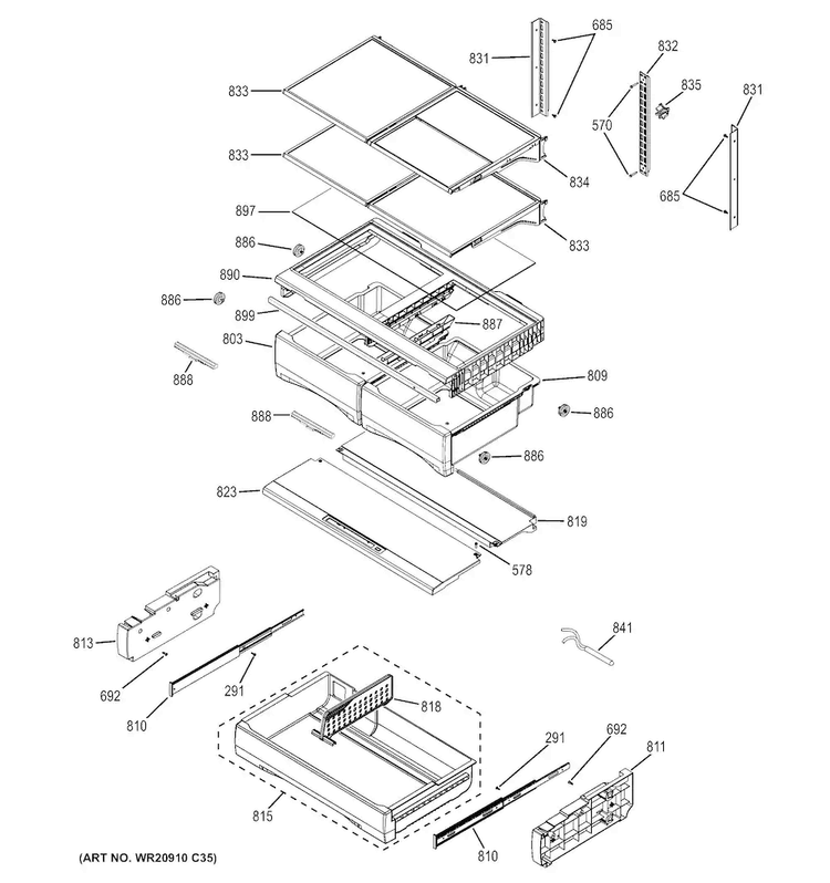 Fresh Food Shelves Diagram and Parts List for DFE28JSHFSS  General Electric Refrigerator