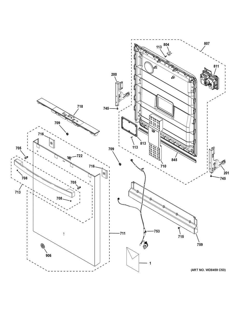 Escutcheon And Door Assembly Diagram and Parts List for GDT630PGR7BB  General Electric Dishwasher
